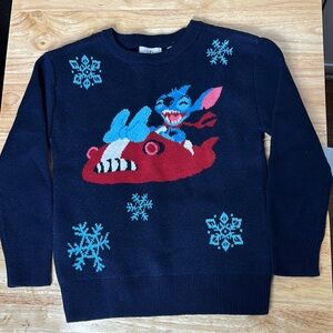 NEW NWT DISNEY Stitch navy blue sweater kids size 4 stitch sledding snowflake